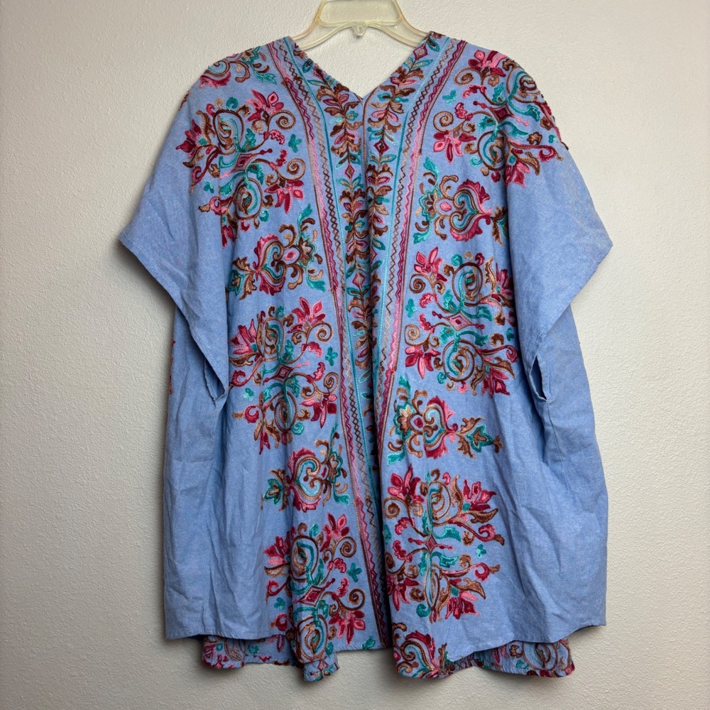 Umgee Kimono Wrap Womens S/M Blue Embroidered Floral Boho Festival Coastal Folk - Picture 2 of 13